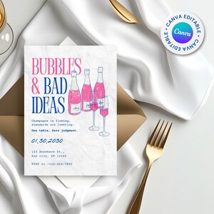 faire des bulles et de mauvaises idées | Modèle de toile de fête champagne modifiable | Invitation soirée entre filles | Dîner de célibataire amusant à imprimer