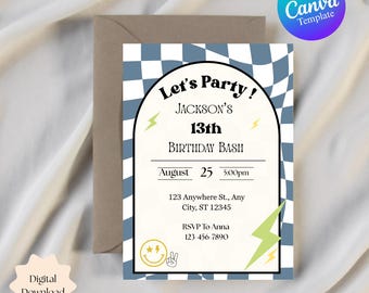 Retro Checkered Birthday Invitation: Editable Canva Template (Digital Download 5x7")
