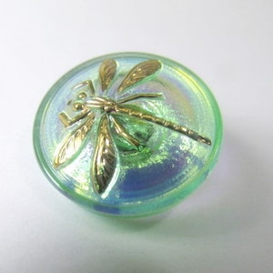 1 Czech Glass Dragonfly 18mm Button in Peridot Lime Green with a bit of turquoise and Gold Dragonfly for Jewelry Toggle or Decor