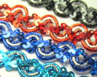 Silver Wave Zig Zag style Sequined Trim 15mm or 5/8 inch wide in Turquoise, Royal Blue, Red or Black