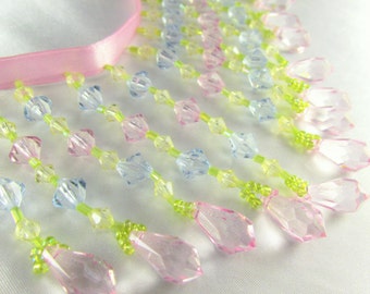 Easter Pastel Pink, Blue and Yellow with Green Seed beads Straight 3.5 inch Medium Beaded Fringe Trim for Craft or Home Decorating