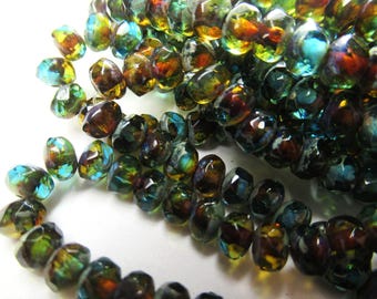 5x3mm Faceted Rondelles Blue Turquoise and Honey Amber with Brown Picasso Czech Glass Jewelry Beads - Strand of 30 beads