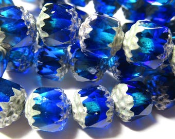 Sapphire and Sky Blue 8mm Czech Glass Faceted Cathedral Jewelry Beads with Metallic Silver Finish on the ends - Choose 5 or 15 beads