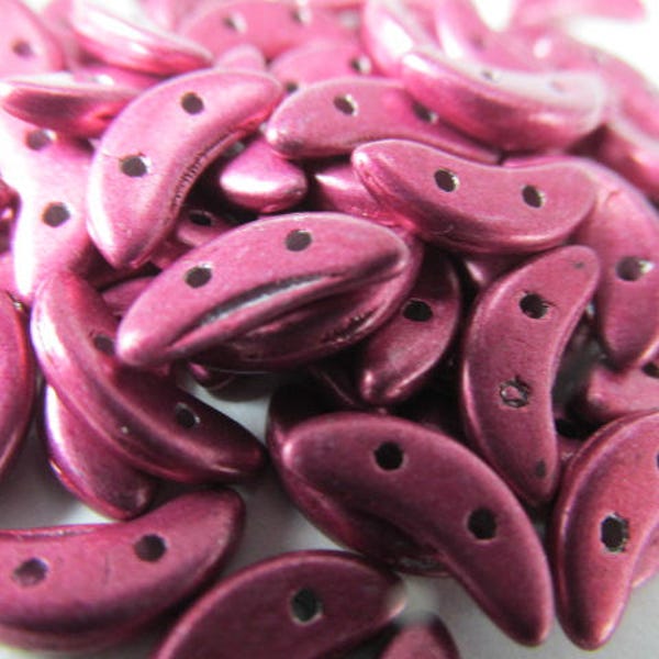 Two-Hole Crescent Saturated Metallic Cranberry 10mm x 3mm Fuchsia Burgundy Colored Czech Glass 2-Hole Beads (40 beads)