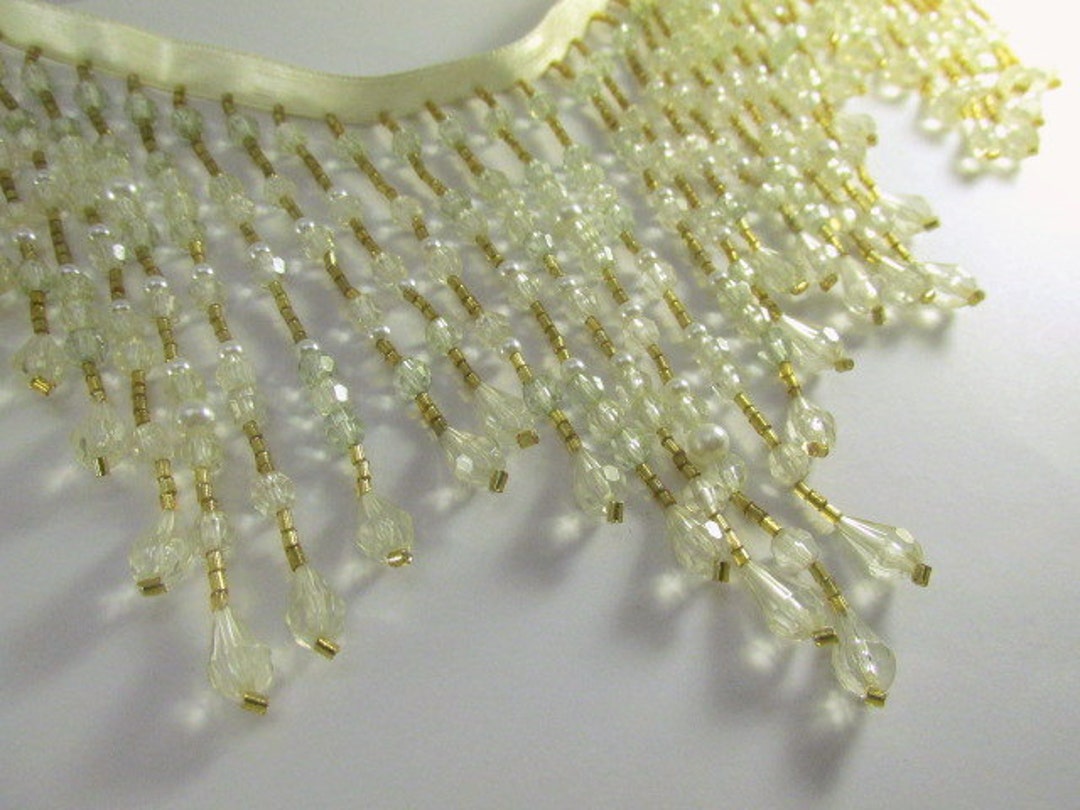 Beaded Fringe Trim in Ivory, Very Pale Mint Green, Light Gold 5.5 Inch
