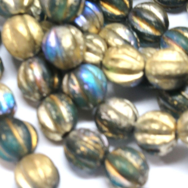 Sky Blue 10mm Round Melons Czech Glass Jewelry Beads with an AB Finish and Gold Wash