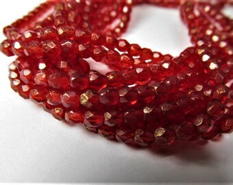 Marbled Gold Siam Ruby Red Czech Glass 3mm Fire Polished Jewelry beads - 1 strand 50