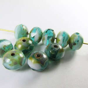 Czech Glass 8mm x 6mm Faceted Rondelle Green Turquoise, White with Golden Yellow Picasso Finish Jewelry Beads 10 image 4