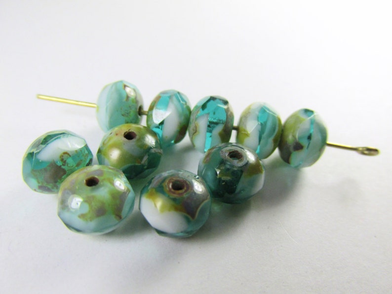 Czech Glass 8mm x 6mm Faceted Rondelle Green Turquoise, White with Golden Yellow Picasso Finish Jewelry Beads 10 image 4