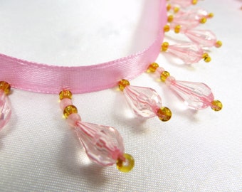 Pink and Gold Short Beaded Fringe Trim, Bridal, Costume or Decorator Trim