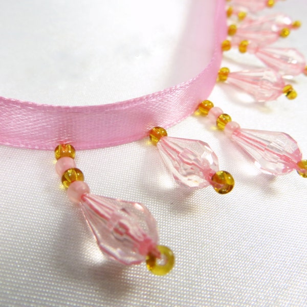 Pink and Gold Short Beaded Fringe Trim, Bridal, Costume or Decorator Trim