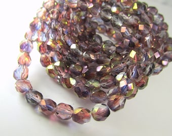 25 Amethyst Purple Luster Czech Glass 6mm Fire Polished Faceted Round Oval Jewelry Beads