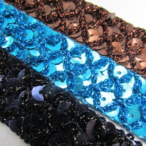 Gunmetal Slate Gray, Silver, White AB, Chocolate Brown or Blue Turquoise Crisscross 20mm Sequined Trim by the yard image 2