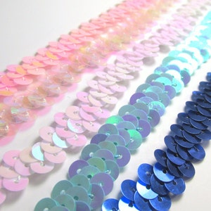 Narrow 10mm Stretch Sequined Trim by the yard in Pink, Ivory, White and Aqua AB