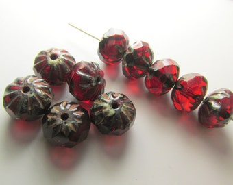 10 Marsala Dark Red Garnet 9mm x 6mm Faceted Cruller Czech Glass Jewelry Beads with Picasso Finish