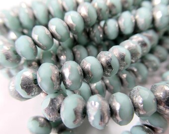 Pale Tea Aqua Green 5mm x 3mm Czech Glass Faceted Rondelle Jewelry Beads with Silver Finish - Strand of 30 beads