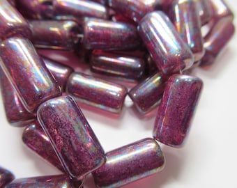 Metallic Purple with Mother of Pearl Finish Czech Glass 14mm by 7mm wide Large Hole Tube Jewelry Beads - Strand of 10 beads