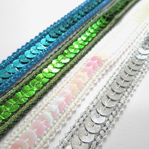 Sparkle Edge 1/2 Inch Sequined Trim  in Turquoise, Lime Green and White AB by the yard