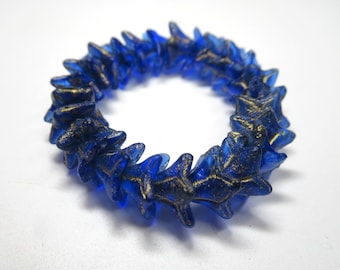 Dark Blue Sapphire  8mm by 5mm Czech Glass Bellflower Jewelry Beads with Gold Wash and Etched Finish (strand of 25 beads)