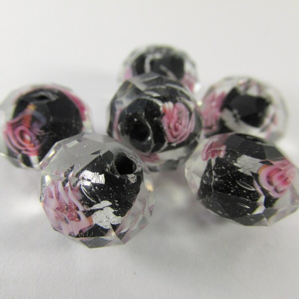 Lampwork Rondelle Glass Bead 8x13mm White/Green/Pink (1-Pc