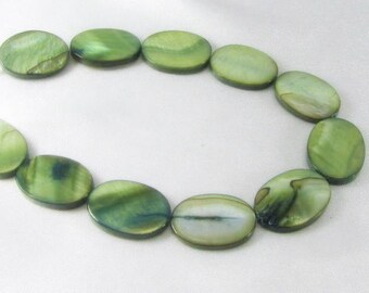 Moss Forest Green Mother of Pearl Flat Oval Shell Coin 12 x 18mm  Jewelry Beads - 11 beads - half strand