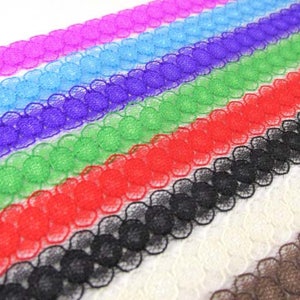 12mm Delicate Flower Lace Trim in Ivory, Mocha, Black, Green, Red, Purple, Orchid Pink, and Turquoise sold by the yard image 1