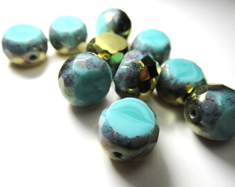 Sea Green and Gold Luster 12mm x 8mm Czech Glass Table Cut Faceted Round Jewelry Beads - choose quantity in pull down menu