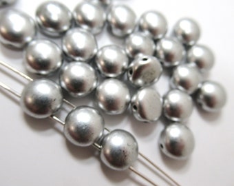 25 Silky Silver Metallic 2 Hole 8mm Czech Glass Preciosa Cabochon Candy Beads for Beadwork Jewelry