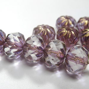 RESTOCKED Czech Glass 10mm x 7mm Faceted Crullers in Transparent Glass with Purple and Golden Bronze Shimmer Finishes 10 jewelry beads 10 Loose Beads