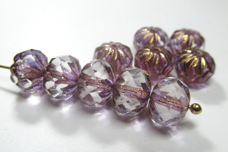 RESTOCKED Czech Glass 10mm x 7mm Faceted Crullers in Transparent Glass with Purple and Golden Bronze Shimmer Finishes 10 jewelry beads 10 Loose Beads