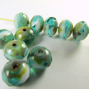 Czech Glass 8mm x 6mm Faceted Rondelle Green Turquoise, White with Golden Yellow Picasso Finish Jewelry Beads 10 image 2