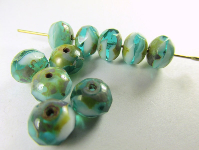 Czech Glass 8mm x 6mm Faceted Rondelle Green Turquoise, White with Golden Yellow Picasso Finish Jewelry Beads 10 image 2