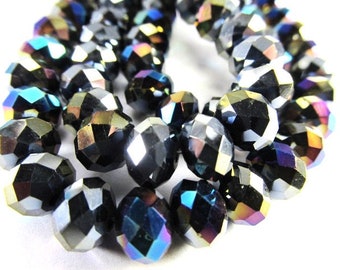 Black AB 8mm x 6mm Chinese Celestial Crystal Faceted Rondelle Jewelry Beads - strand of 36