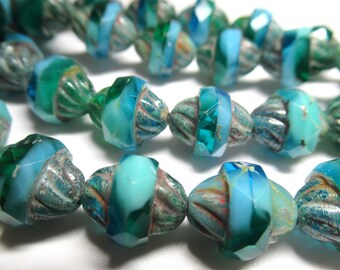 Turquoise Aqua 11mm x 10mm Czech Glass Baroque Bicones with a Metallic Beige Picasso Finish - Choose 5 or 15 beads