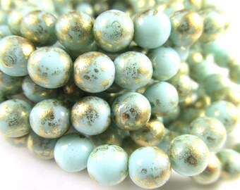 Czech Glass 6mm Aqua Mint Green Gold Picasso round druk jewelry beads