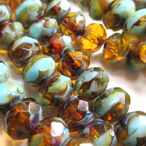 8x6mm Faceted Rondelles in Sky Blue and Honey Amber with Brown Picasso Czech Glass Jewelry Beads - Strand of 25 beads