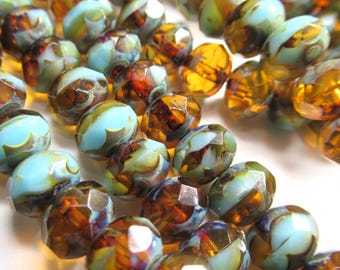 8x6mm Faceted Rondelles in Sky Blue and Honey Amber with Brown Picasso Czech Glass Jewelry Beads - Strand of 25 beads