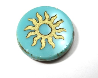 Sea Green and Gold Sun 20mm Czech Round Coin Jewelry Beads - choose quantity in pull down menu