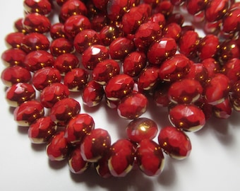 Ruby Red Czech Glass 7mm x 5mm Faceted Rondelle Glass Jewelry Beads with Bronze Finish on Ends - Full Strand of 25