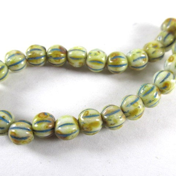 Pale Olive Green Ivory 4mm Czech Glass Melon Jewelry Beads With Turquoise Wash