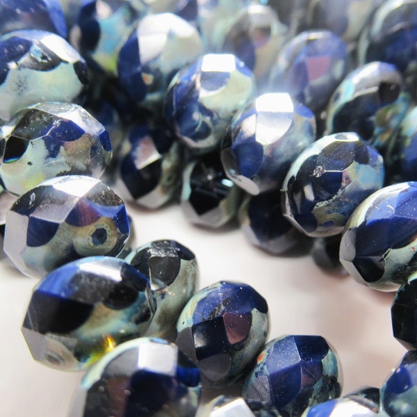 Czech Glass 8mm x 6mm Faceted Rondelles in Opaque Navy, Cobalt Blue and Montana Blue with Violet Aqua Gray Picasso