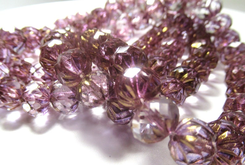 RESTOCKED Czech Glass 10mm x 7mm Faceted Crullers in Transparent Glass with Purple and Golden Bronze Shimmer Finishes 10 jewelry beads image 6