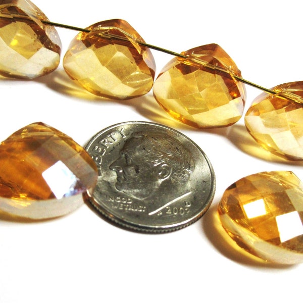 Honey Gold Citrine Colored Celestial Crystal Top Drilled 12mm Heart Shaped Briolette Jewelry Beads (6 beads)