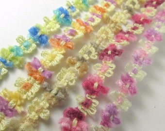 Soft 1/2 Inch Narrow Chenille Flower Trim in 5 spring, summer and autumn colors of Pink, Yellow, Blue, Orange. and Beige