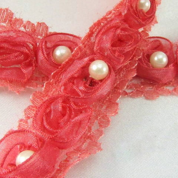 Bright Pink Coral Watermelon Organza Rosette Lace Trim with Pearl Centers for Bridal, Costume, Home or Craft Trim by the yard