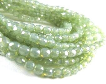 Pale Olive Green Opal 3mm Czech glass fire polished jewelry beads (50)