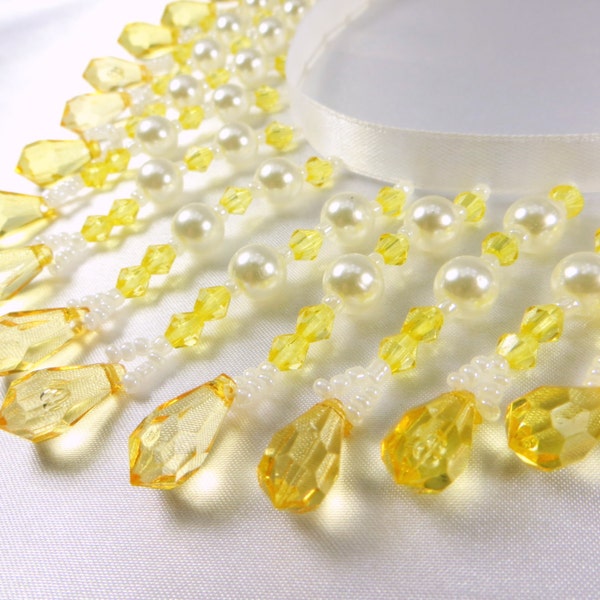 Yellow and White Pearl 3 Inch Straight Medium Beaded Fringe Trim for Wedding, Costume or Home Decorator Beaded Trim