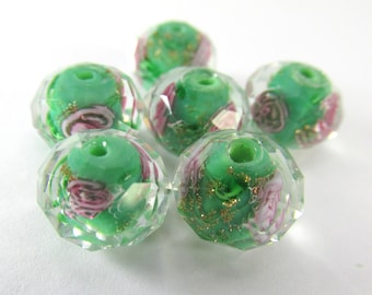 6  Green, Pink and Clear Faceted Rose Lampwork Glass 12x8mm Rondelle Spacer Jewelry Beads