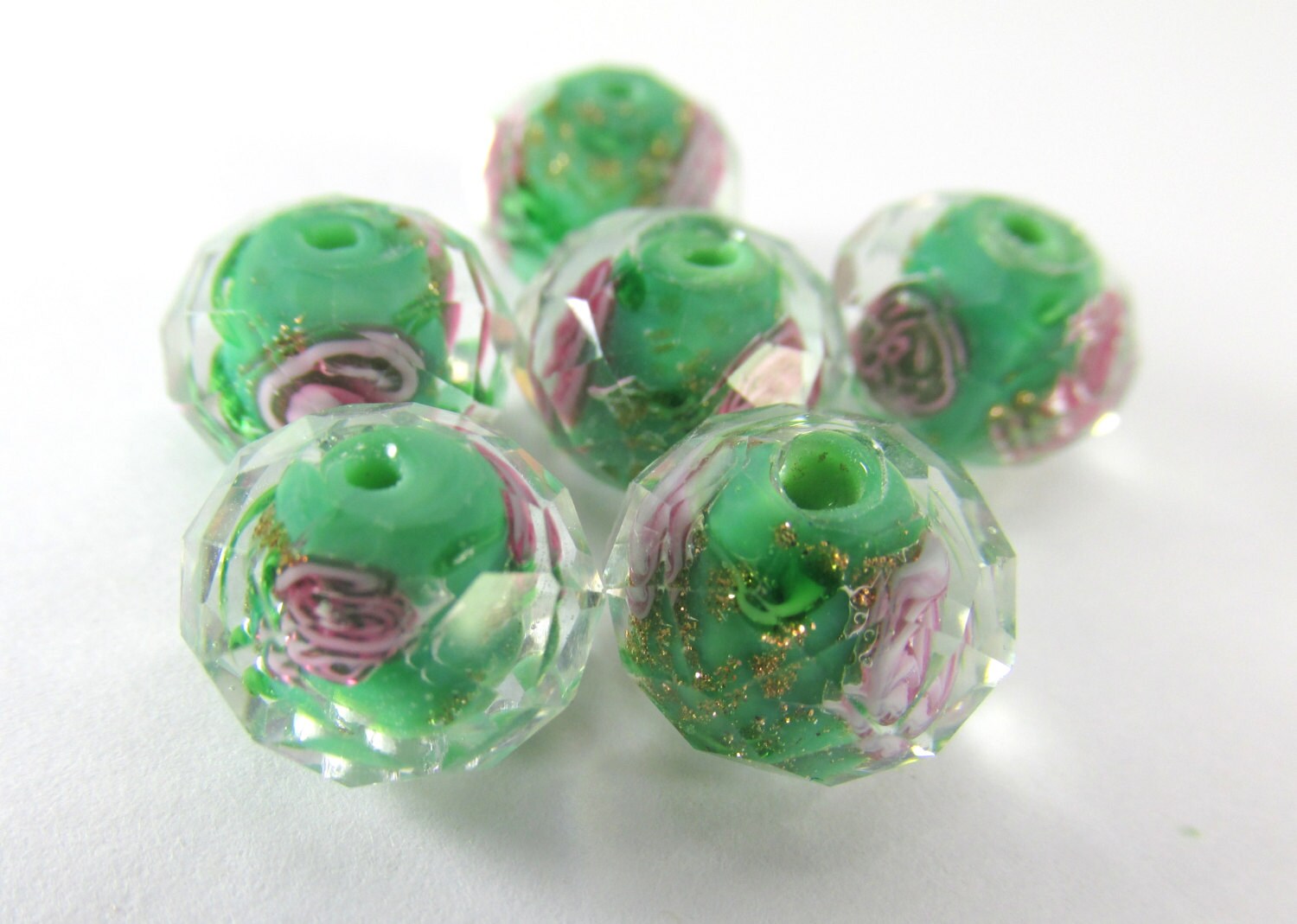 6  Green, Pink and Clear Faceted Rose Lampwork Glass 12x8mm Rondelle Spacer Jewelry Beads