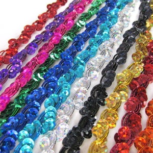 Rust Orange, Fuchsia Hot Pink, Turquoise, Purple, Royal Blue or Silver Wavy Narrow 3/8 Inch Sequined Trim by the Yard image 1